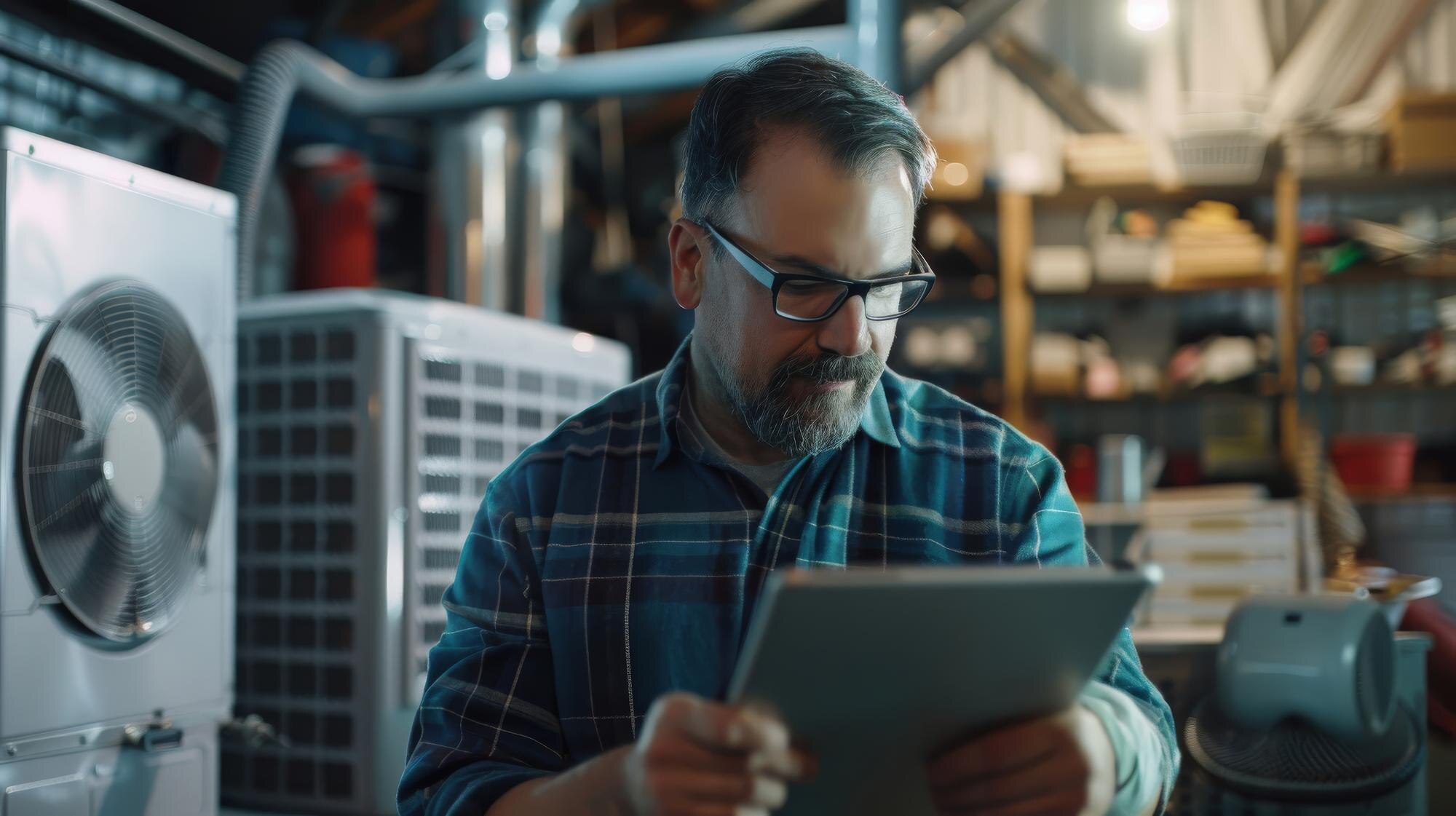 action-shot-air-conditioner-repair-technician-consulting-digital-manual-tablet-while-troubleshooting